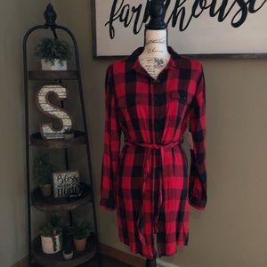 SO Flannel Button Down Dress With Tie Belt